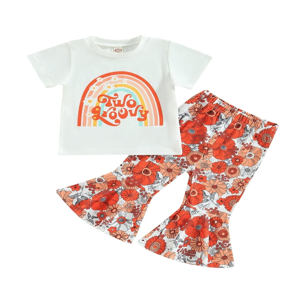 JUNWELL Toddler Baby Girl Clothes Flower T Shirt Bell Bottoms Pants ...