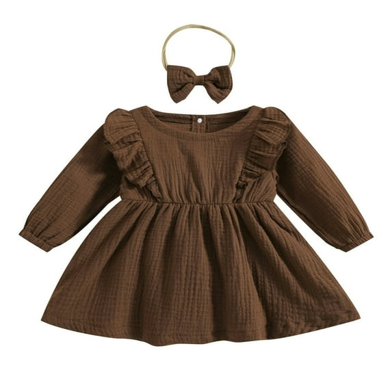 JUNWELL Toddler Baby Girls Dress 2pcs Solid Ruffle Long Sleeves A-Line Knee Length Dress with Hairband