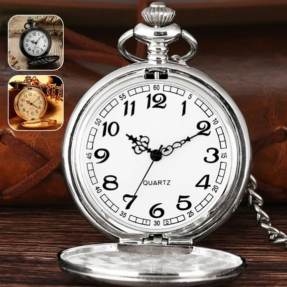 JUNWELL Vintage Pocket Watch Quartz Pocket Watch with Chain Classic Mechanical Movement Smooth Silver Steel Watch  for Men Women Christmas Gift