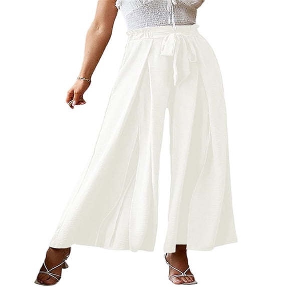 JUNWELL Women Loose Pants Belted Long Trousers Summer Ladies Leisure Solid Color High Waist Ruched Beach Wide Leg Pants