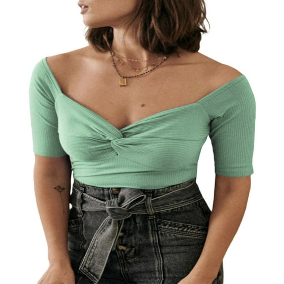 JUNWELL Women Short Sleeve Off-shoulder Tops Summer Solid Color Twisted Knitted T-shirts for Party Streetwear