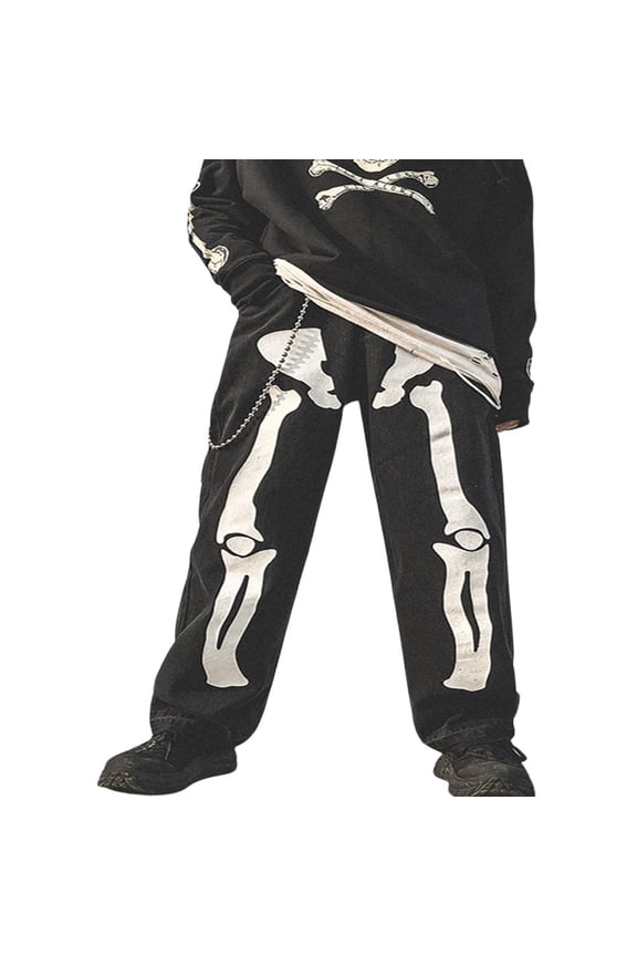 Womens Men Halloween Y2K Baggy Jeans High Waist Wide Leg Demin Pants Skeleton Print Jeans Loose Black Jean Pants Streetwear