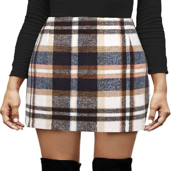 JUNWELL Womens Plaid Mini Skirt Bodycon High Waist A line Pencil Skirts Fall Winter Wool Skirts Pink L