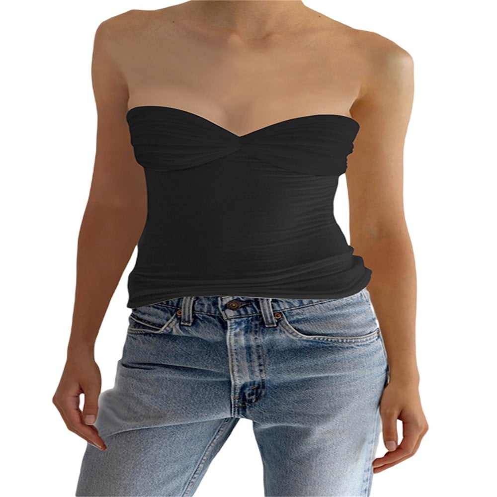 JUNWELL Womens Sheer Lace Strapless Tube Crop Tops Fairy Sleeveless Summer Bandeau Vest Top