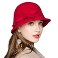 thumbnail image 1 of JUNWELL Womens Solid Color Bucket Hat Casual Lady Bowler Hat 100% Wool Winter Cap Cloche with Bow Accent Red, 1 of 6