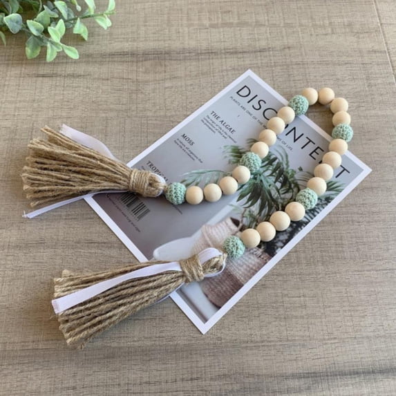 JUNWELL Wood Bead Garland Set with Tassels Prayer Beads Farmhouse Beads Wall Hanging Decoration Boho Decorations Woven Wall Hanging