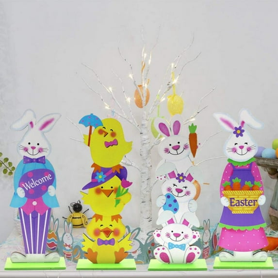 JUNWELL Wood Easter Desktop Decorations Easter Wooden Chick Bunny Rabbit Egg Easter DIY Tabletop Craft Spring Decor for Happy Easter Day Boys Girls Room Birthday Gift