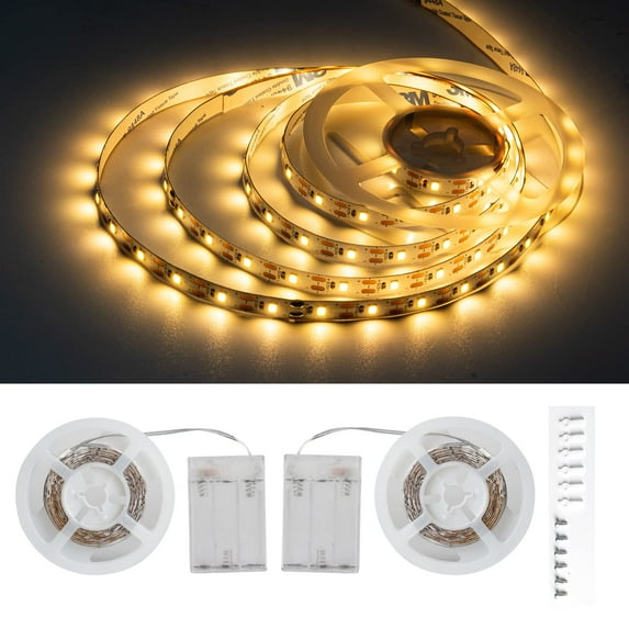 JUNWEN Battery Led Strip Lights, 13.2ft/6.6ft Flexible led Strip Lights Battery Powered Brighter Battery Powered led Lights for Makeup Mirror Cabinet Bedroom bar, Non-Waterproof, 2 Pack