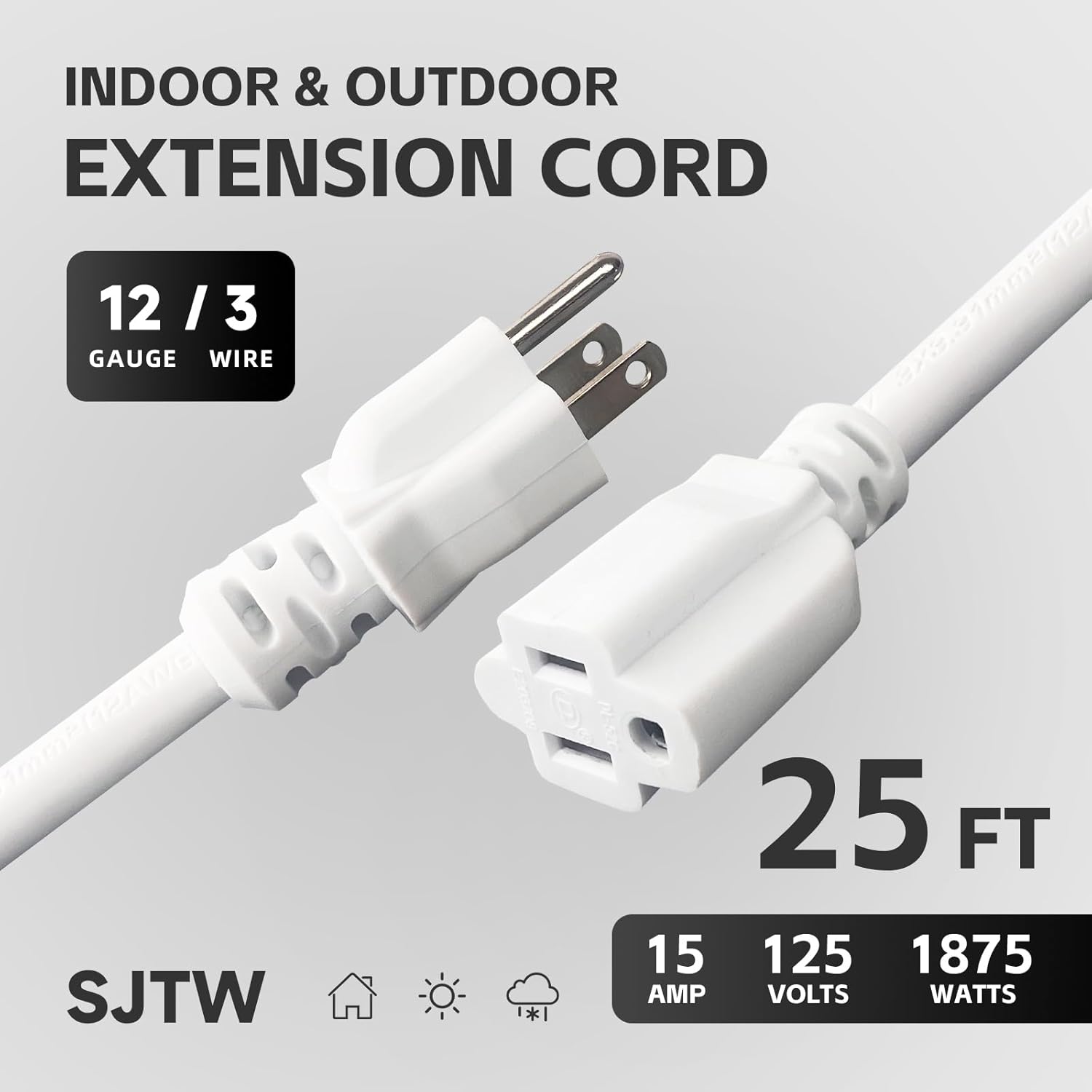 JUNXIAO-12 Gauge Indoor Outdoor White Extension Cord Heavy Duty 25 FT, 12 AWG SJTW Electrical Cable, Weather-Resistant Power Cord, Great for Garden, Offices and Lawns