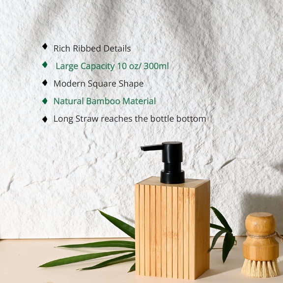 JUNXIAO-2 Pack Natural Fluted Bamboo Liquid Soap Dispenser, 10 oz Rectangular Ribbed Refillable Pump for Bathroom or Kitchen Countertop Decor, Natural