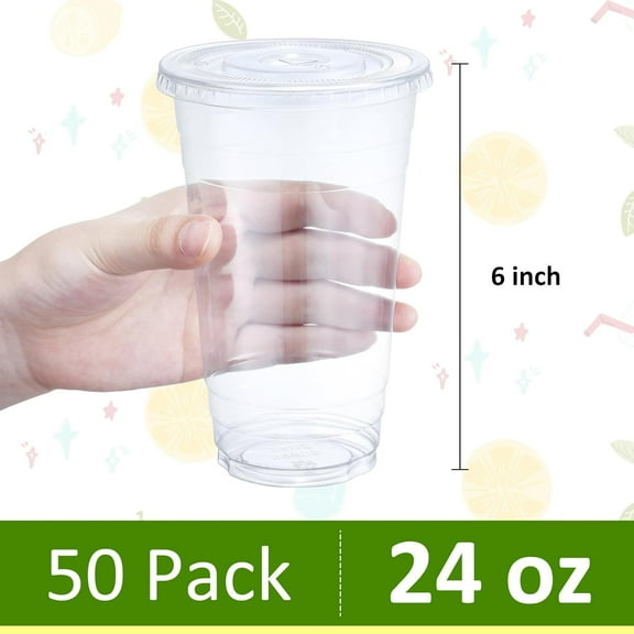 JUNXIAO-24 oz Plastic Cups with Lids, Clear Disposable To Go Cups with Lids for Iced Coffee, Cold Drinks, Smoothies, Bubble Boba 50 Sets