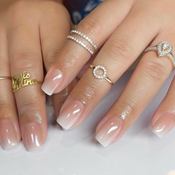 JUNXIAO-32 Pcs French Gradient Press on Nails Short Coffin Shaped Fake Nails with Pink White Gradient Designs Glitter Acrylic Nails Full Cover Bling Stick on Nails for Women Nails Manicure Decoration