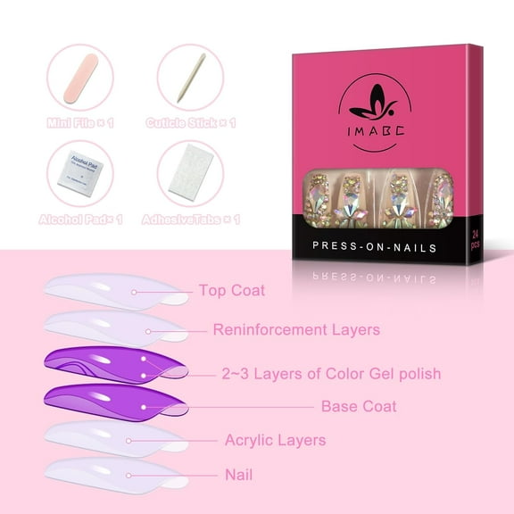 JUNXIAO-3d Bling Fake Nails Extra Long Press On False Nails With Design Holo Rhinestones Nail Tips Pink Nude Full Cover Ballerina Coffin Artificial Nail Art For Women Girls Bridal Wedding