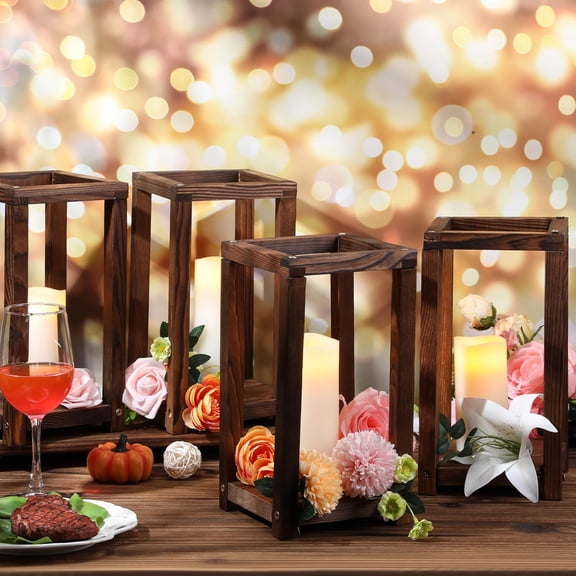 JUNXIAO-4 Pcs Decorative Wedding Wood Lantern Candle Holders for Table Centerpiece Rustic Wooden Wedding Table Decoration Country Barn Farmhouse Decor