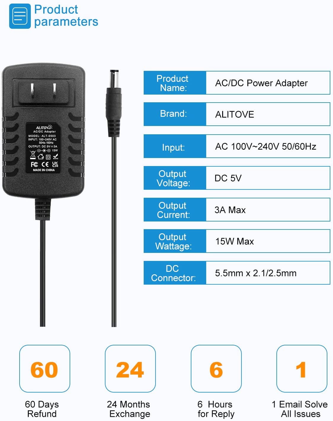 JUNXIAO-5V 3A Power Supply Adapter Converter Cord 5.5mm x 2.5mm 2.1mm ...