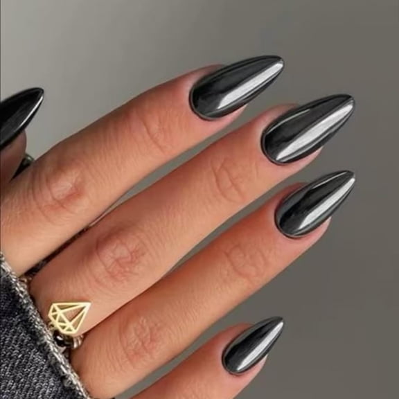 JUNXIAO-Black Chrome Press on Nails Almond Medium Acrylic Nails Press ons Almond Black Glue on Fake Nail with Bling Glossy Designs Reusable Artificial Stick on False Nail for Women 24Pcs