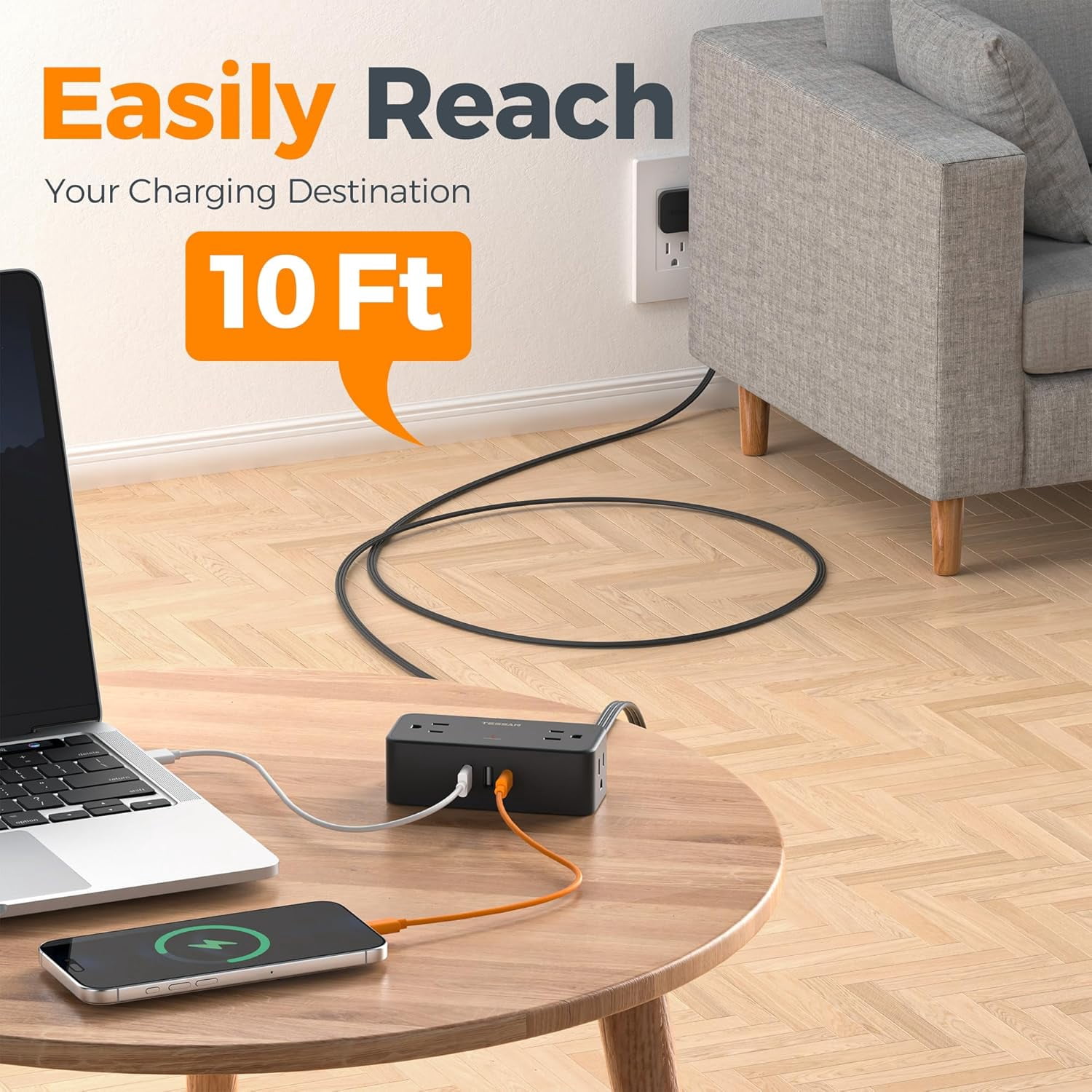 JUNXIAO-Black Extension Cord 10 Ft, Power Strips with Surge Protection ...