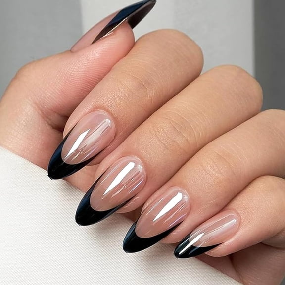 JUNXIAO-Black French Tip Press on Nails Almond Medium Acrylic Nails Press ons Chrome French Glue on Fake Nail with Bling Glossy Designs Reusable Artificial Stick on False Nail for Women 24Pcs