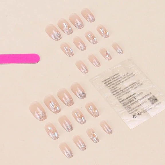 JUNXIAO-Bling Coffin Press on Nails Fake Nails Tips Full Cover Medium False Gradient Nails for Women and Girls 24PCS (Nude rhinestones with bling)