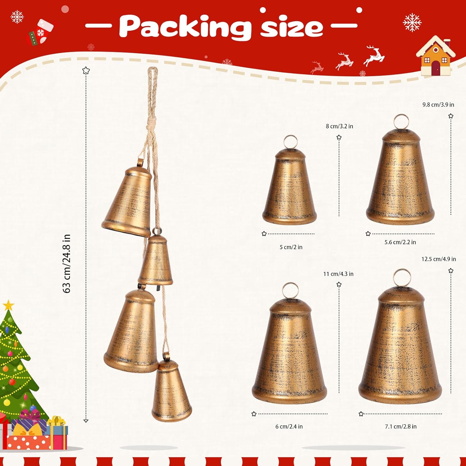 JUNXIAO-Christmas Bells for Decoration, Set of 4 Rust Gold Christmas ...