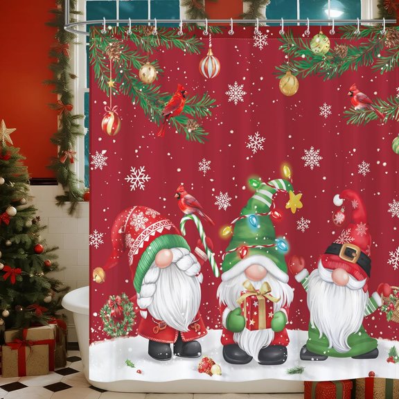 JUNXIAO-Christmas Gnome Shower Curtain Sets, Waterproof Polyester Fabric Shower Curtains with 12 Hooks for Bathroom Home Decoration, 72  72 Inch Washable Bath Accessories Christmas Decor