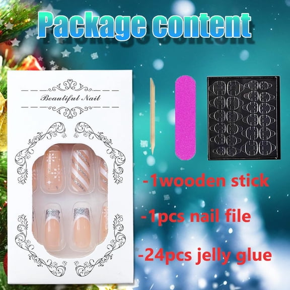 JUNXIAO-Christmas Press on Nails Medium Length French Snowflake Fake Nails Sparkly Glossy Glitters Christmas Acrylic Nails Artificial Full Cover Glue on Nails Winter Xmas Design False Nails for Girls