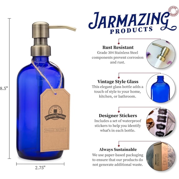 JUNXIAO-Cobalt Blue Glass Pint Jar Soap and Lotion Dispenser with Metal Pump - 16 Ounce - (Brass, 1)