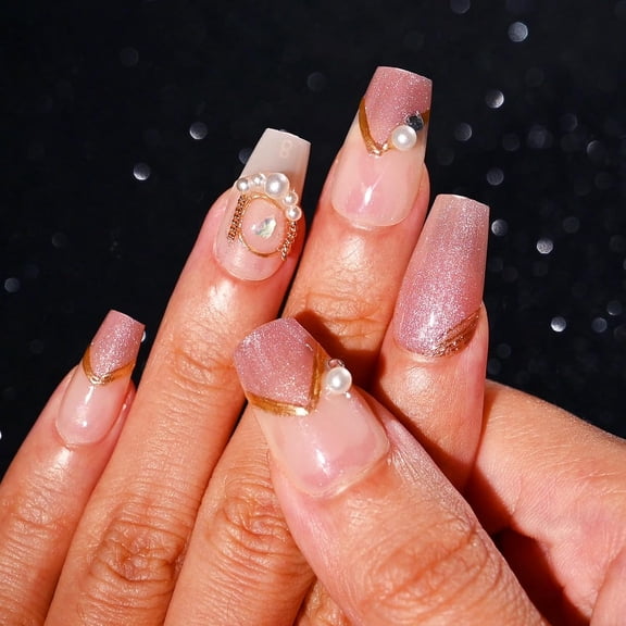 JUNXIAO-Coffin Press on Nail Long - Glitter French Tip, Gold Line, Sequins Design Acrylic False Nail for Women 15 Sizes - 30 Pcs Nail Kit with Glue