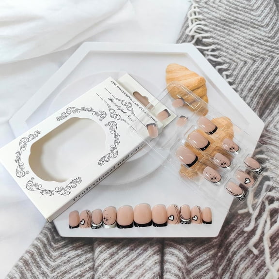 JUNXIAO-Extra Short Press on Nails Heart Black Fake Nails with Glue Glossy Petite Square False Nails Glitter Silvery French Tip Nails Press on Acrylic Nails Star Swirl Valentines Day Glue on Nails f