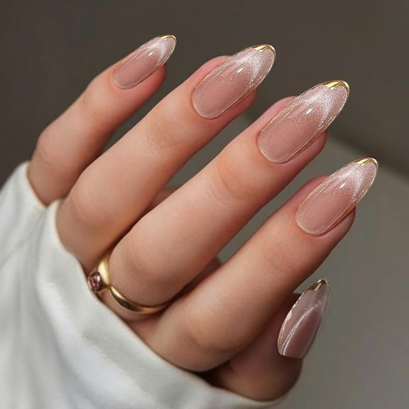 JUNXIAO-Gold French Tip Press on Nails Almond Medium Acrylic Nails Press ons Pink Cat Eye Glue on Fake Nail with Bling Glossy Designs Reusable Artificial Stick on False Nail for Women 24Pcs