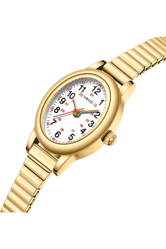 -Gold Watch Waterproof Nurse Watch for Medical Professionals,Students,Women-Military Time Easy Read Dial,24 Hour with Second Hand,Stainless Steel Expansion Band
