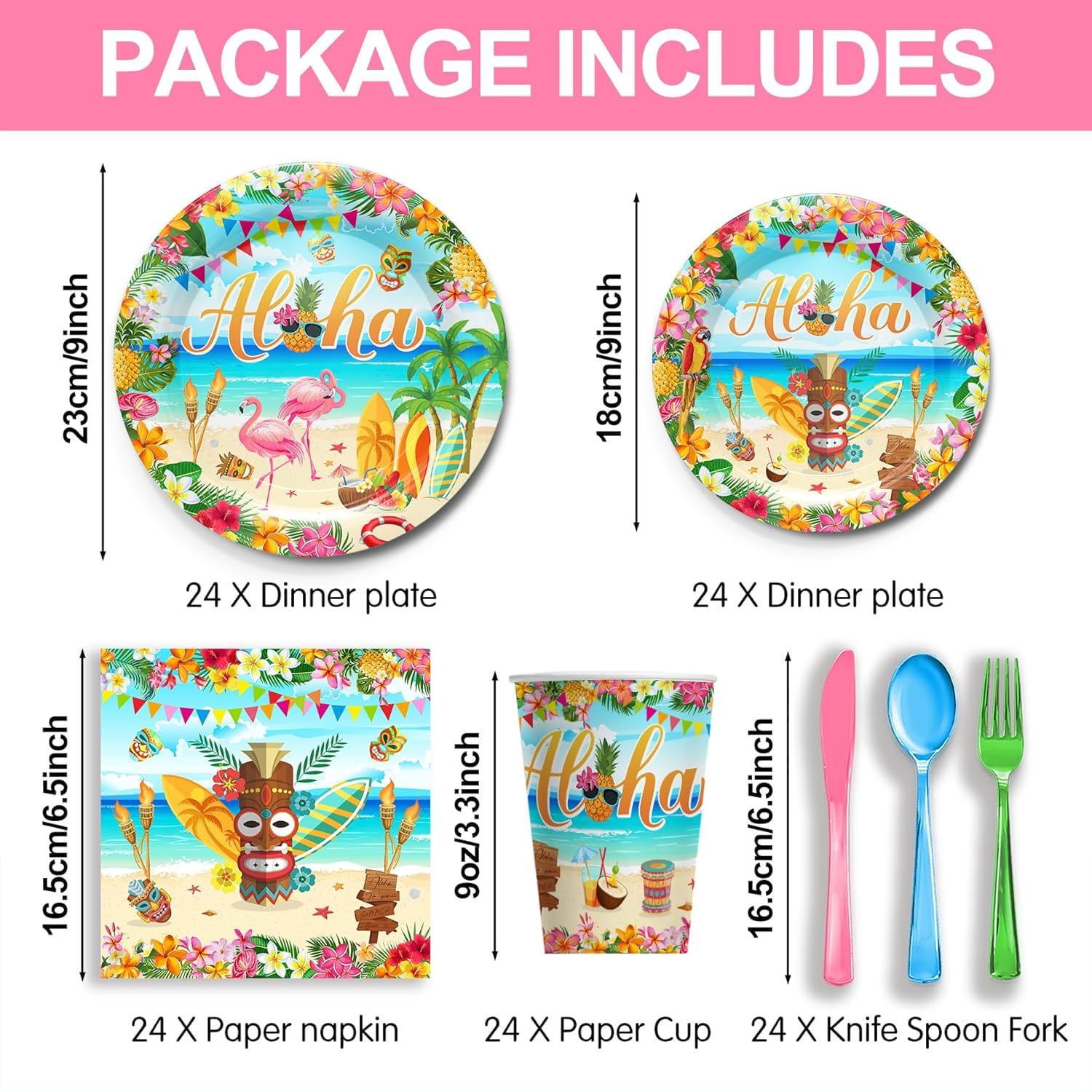 JUNXIAO-Hawaiian Flamingo Party Supplies Tableware Set - Tropical Luau Decorations Include Plates, Napkins, Cups, Cutlery, for Aloha Summer Beach Theme Party Supplies | Serves 24