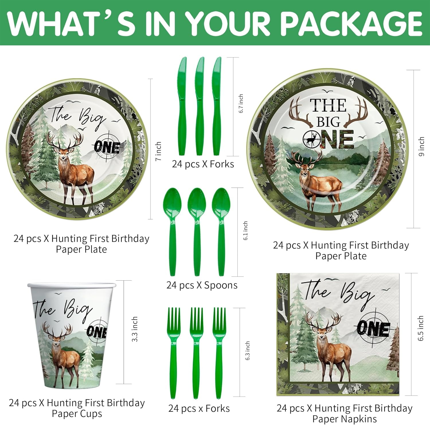 LINYAN-Hunting 1st Birthday Decorations Boy Tableware, Deer Camo Theme The Big One Party Supplies, Deer Hunting First Birthday Paper Plate, Cup, Napkin, Disposable Cutlery, Serves 24