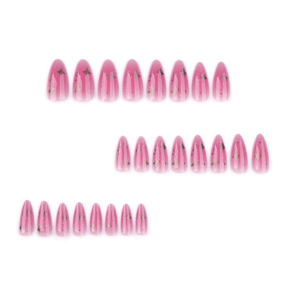 JUNXIAO-Ombre Pink Press on Nails Medium Almond False Nails with Gold ...