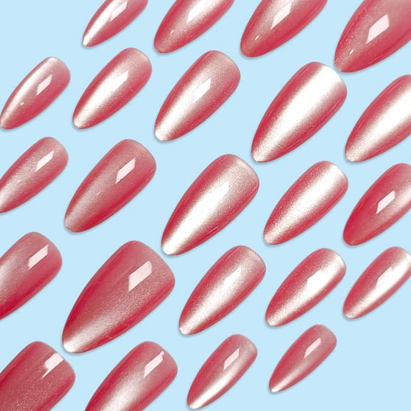 JUNXIAO-Pink Cat Eye Press on Nails Medium Almond False Nails with Glossy Glitter Design Bling Fake Nails Sparkle Stick on Nails Reusable Full Cover Summer Glue on Nails for Women Girls Manicure 24Pc