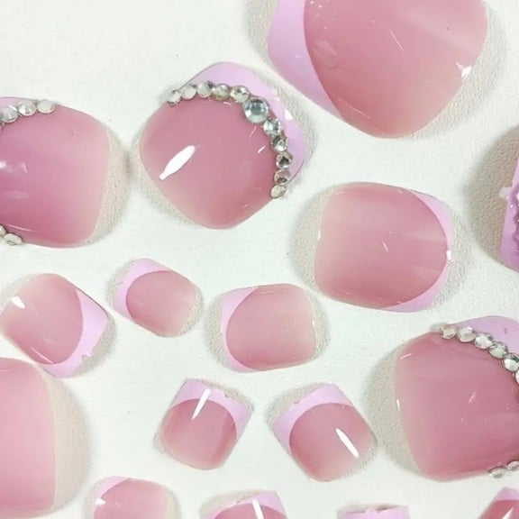 JUNXIAO-Pink French Tip Press On Toenails Short Square Fake Toes with Design Rhinestone Glue on Toe Nails Shiny Bling Summer False Toenails Reusable for Women Girls Foot Manicure 24pcs