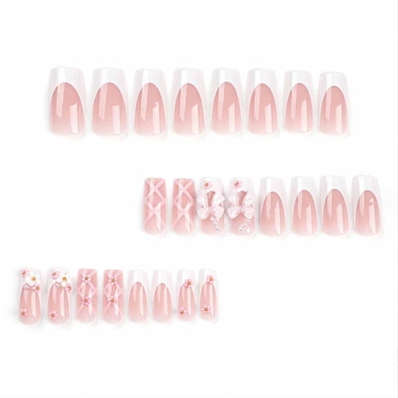 JUNXIAO-Press on Nails Medium Long Rhinestone Pink Fake Nails Square Bling Glossy 3D False Nail Tips Artificial Nails Finger Manicure for Women and Girls-24pcs