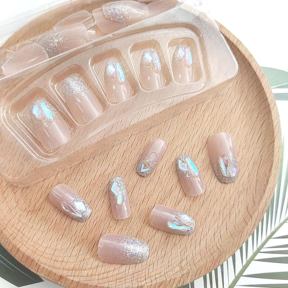 JUNXIAO-Press on Nails Short Coffin Fake Nails with Glitter Rhinestones Designs French Nails Press ons Glossy Glue on Nails Nude False Nails Acrylic Artificial Stick on Nails for Women 24 Pcs