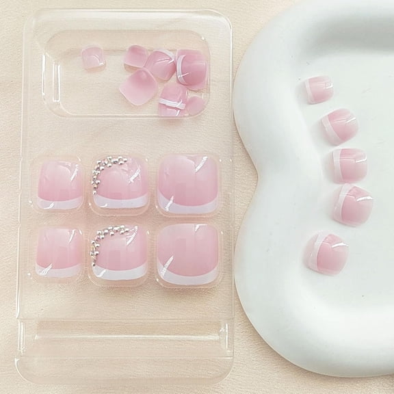 JUNXIAO-Press on Toenails for Women Toe Nail Press ons Short Pink Fake Toe Nails White French Tip Glossy Rhinestones Toe Nails Bling False Toenails Square Acrylic Toenails Beach Toenails 24 Pcs