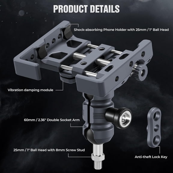 JUNXIAO-Shock-Absorbing Phone Holder Kit, Anti-Theft Dual Socket Arm and Adjustable Phone Clip with Metric Thread Ball Adapater, M8 Mirror Seat Short Bar for Bike/Tricycle/ATVs/Motorcycle (KPS-21)