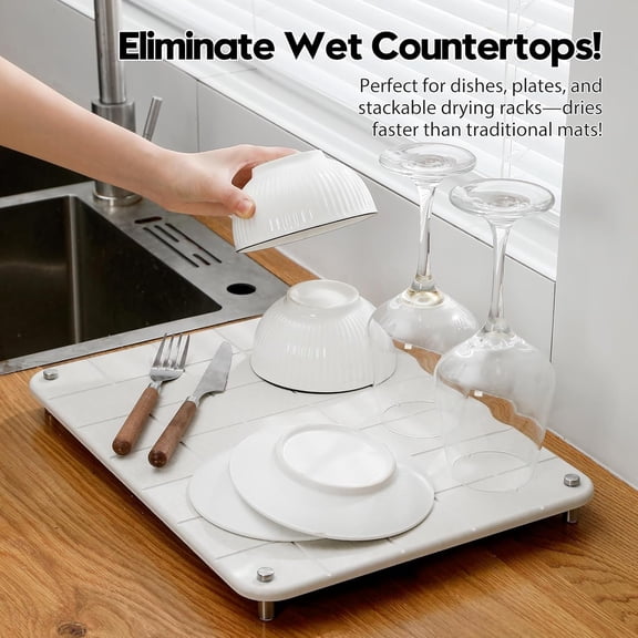 JUNXIAO-Stone Dish Drying Mat for Kitchen Counter, Water Absorbing Bathroom Tray Sink Organizer, Diatomaceous Earth Countertop Dish Rack Riser Sponge Holder Soap Dish, Gray Beige, 16" x 12"