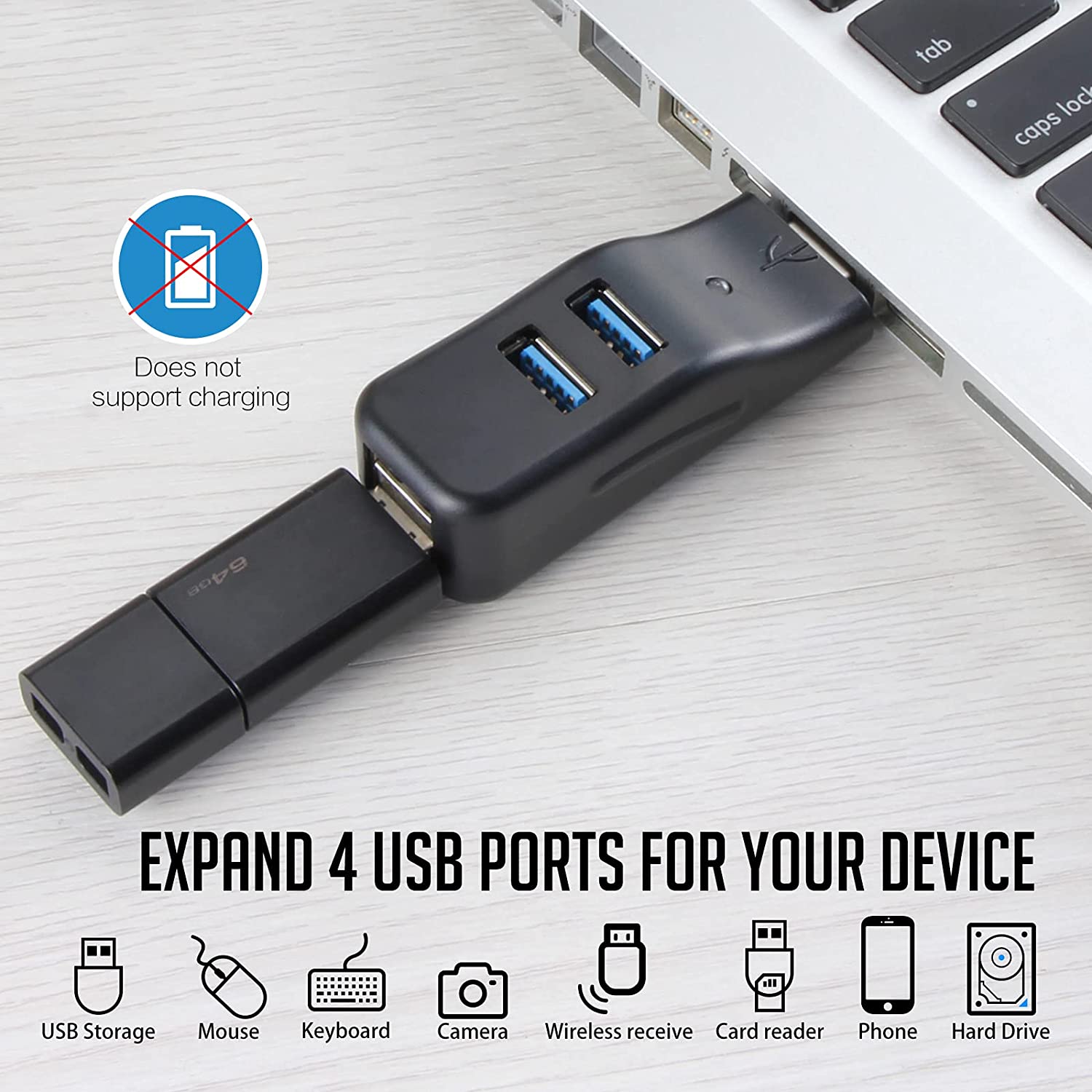 JUNXIAO-USB 3.0 Hub for Laptop, Portable 4-Port Data USB Splitter, Mini ...