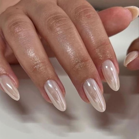 JUNXIAO-White Chrome Press on Nails Almond Medium Acrylic Nails Press ons Mirror Pearl White Glue on Fake Nail with Bling Glossy Designs Reusable Artificial Stick on False Nail for Women 24Pcs