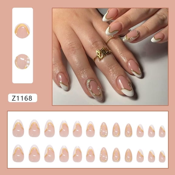 JUNXIAO-White French Tip Press on Nails Medium Almond Fake Nails with Glitter Gold Foil Line Designs French Nails Press Ons Artificial Gel Acrylic Glue on Nails Holiday Kit Stick on Nails for Women 2