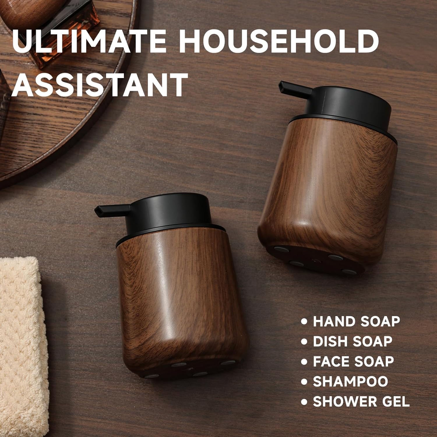 JUNXIAO-Woodgrain Foaming Hand Soap Dispenser Set with Tray 10.5 oz Mid