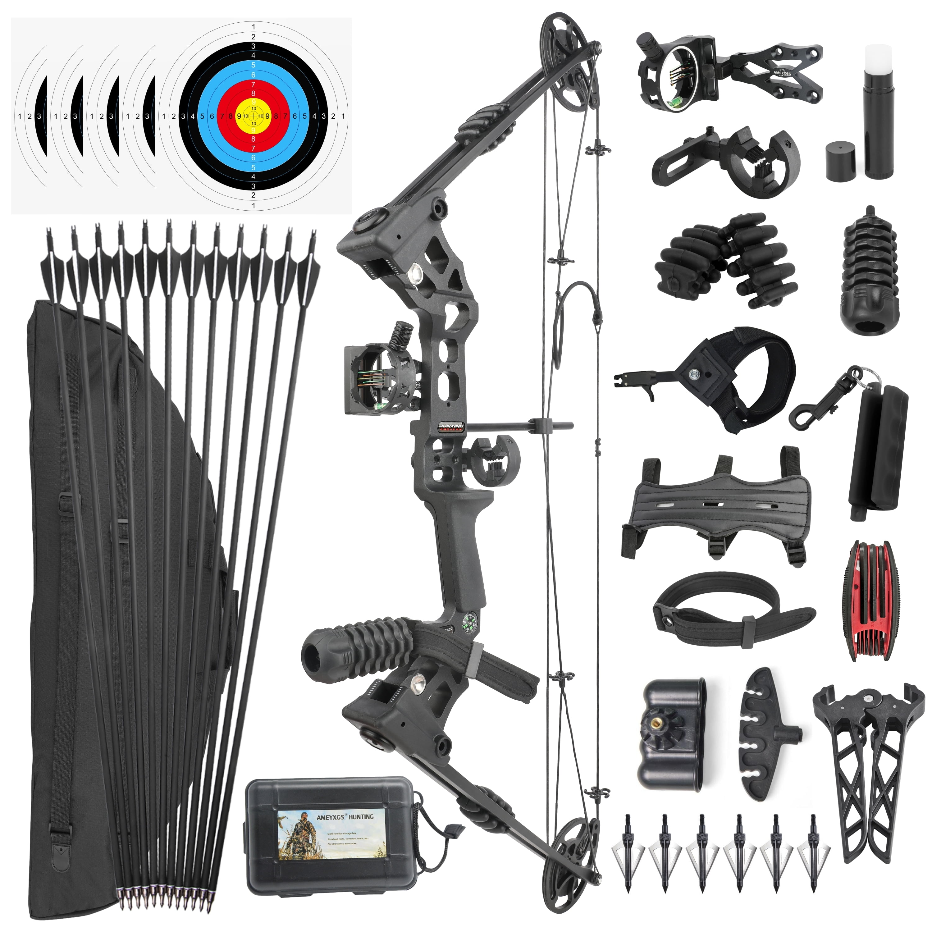 JUNXING Archery Compound Bow Set 2070 LBS, Draw Length 24"30", up to IBO 320 fps, Hunting
