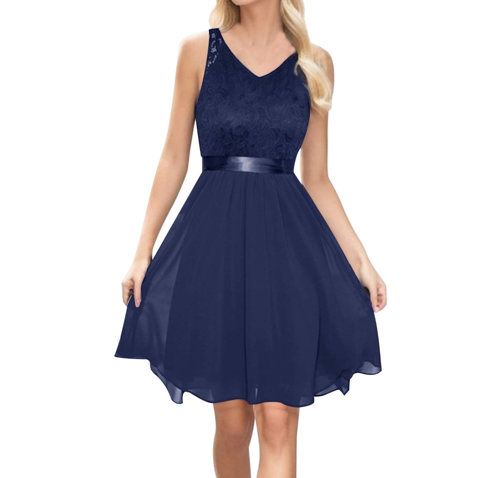 JUNYUI Elegant V Neck Sleeveless Lace Chiffon Bridesmaid Dress Mid