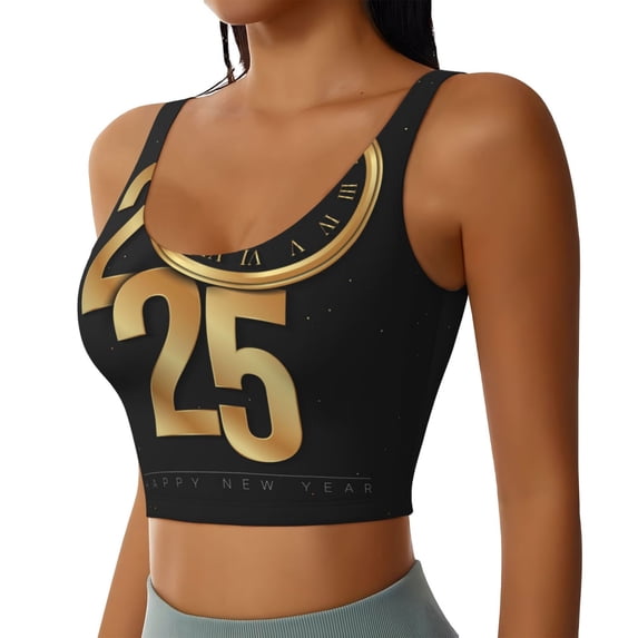 JUNZAN 2025 Happy New Year Print Women's Workout Tank Tops - U Back Fitness Top with Built-In Shelf Bra, Perfect for Yoga and Gym-X-Large