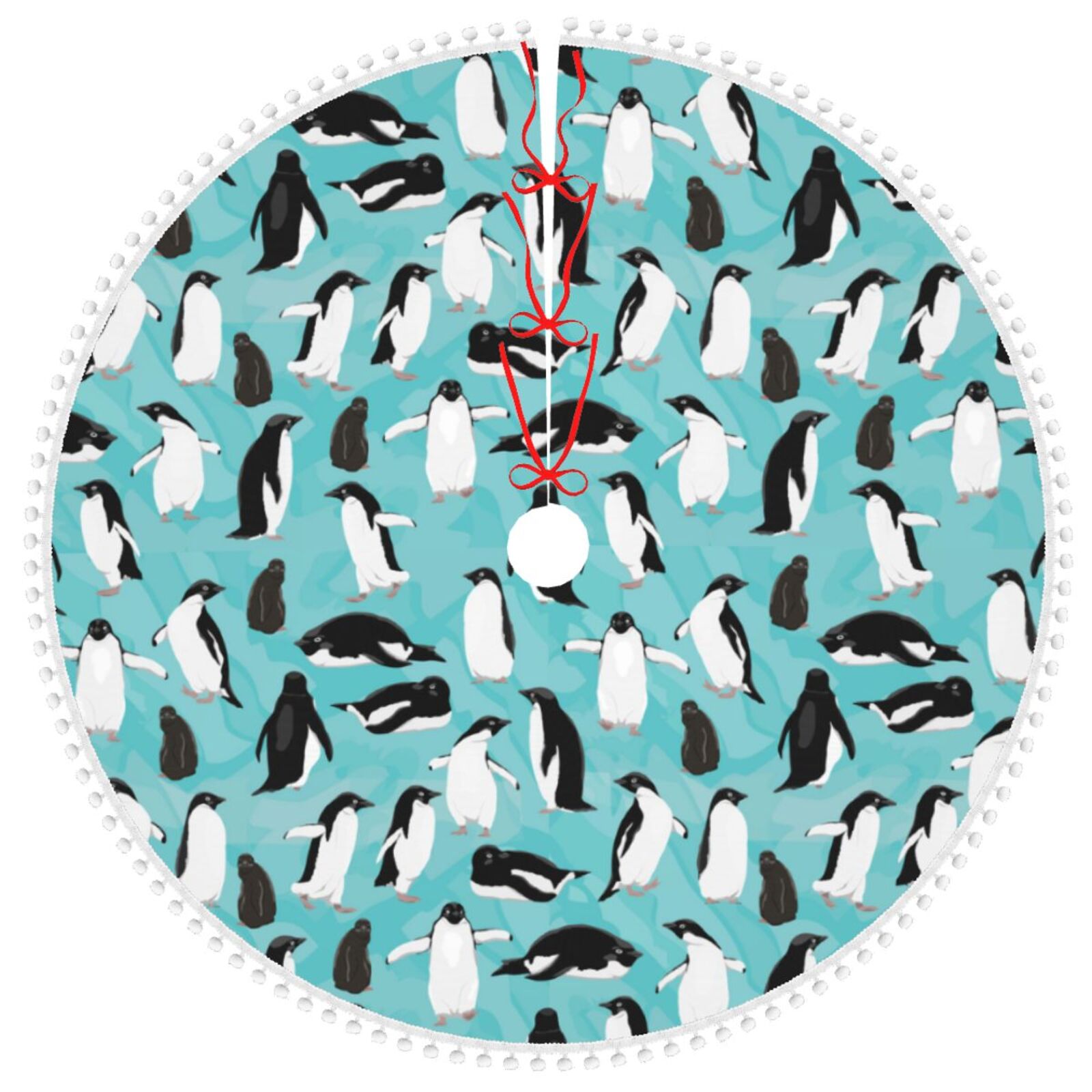 JUNZAN 30" Penguins White Christmas Tree Skirt with Fluffy PomPoms for