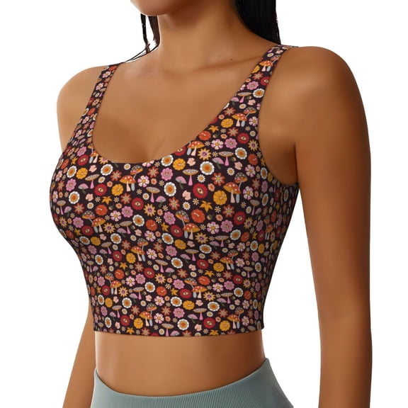 JUNZAN 70s Groovy Hippie Retro Print Women's Workout Tank Tops - U Back Fitness Top with Built-In Shelf Bra, Perfect for Yoga and Gym-Large